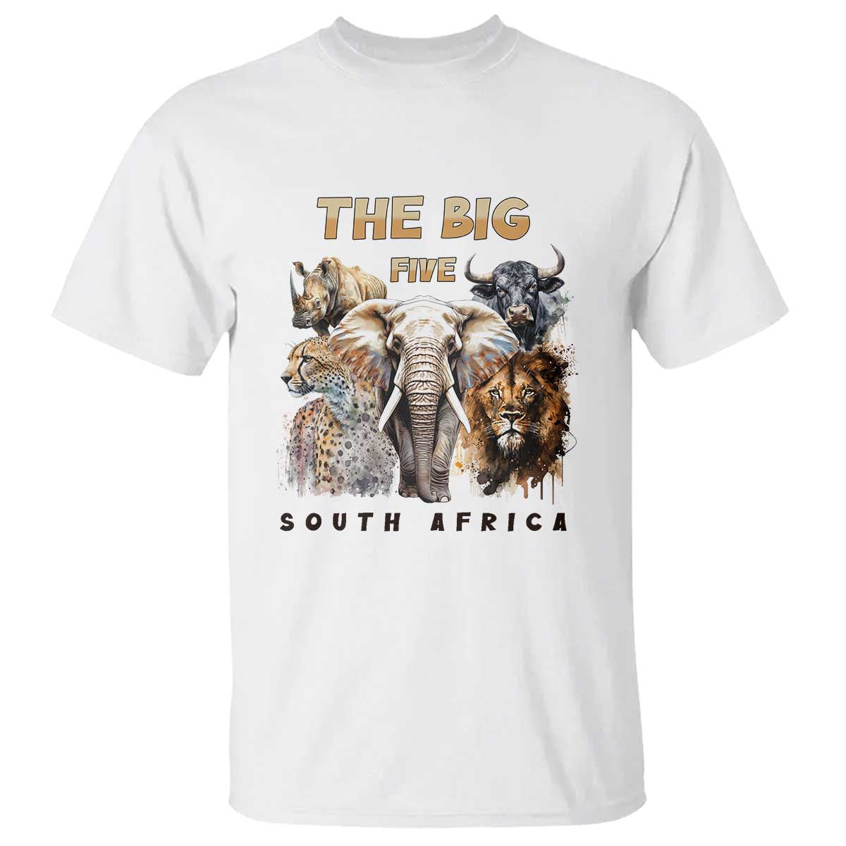 The Big Five South Africa T Shirt Elephant Lion Rhino Buffalo Leopard Animals Safari Wildlife TS02 White Print Your Wear