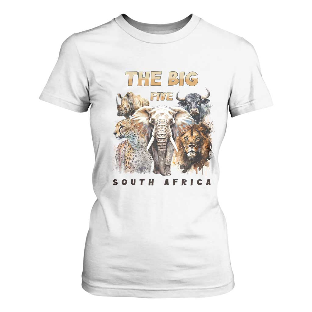 The Big Five South Africa T Shirt For Women Elephant Lion Rhino Buffalo Leopard Animals Safari Wildlife TS02 White Print Your Wear
