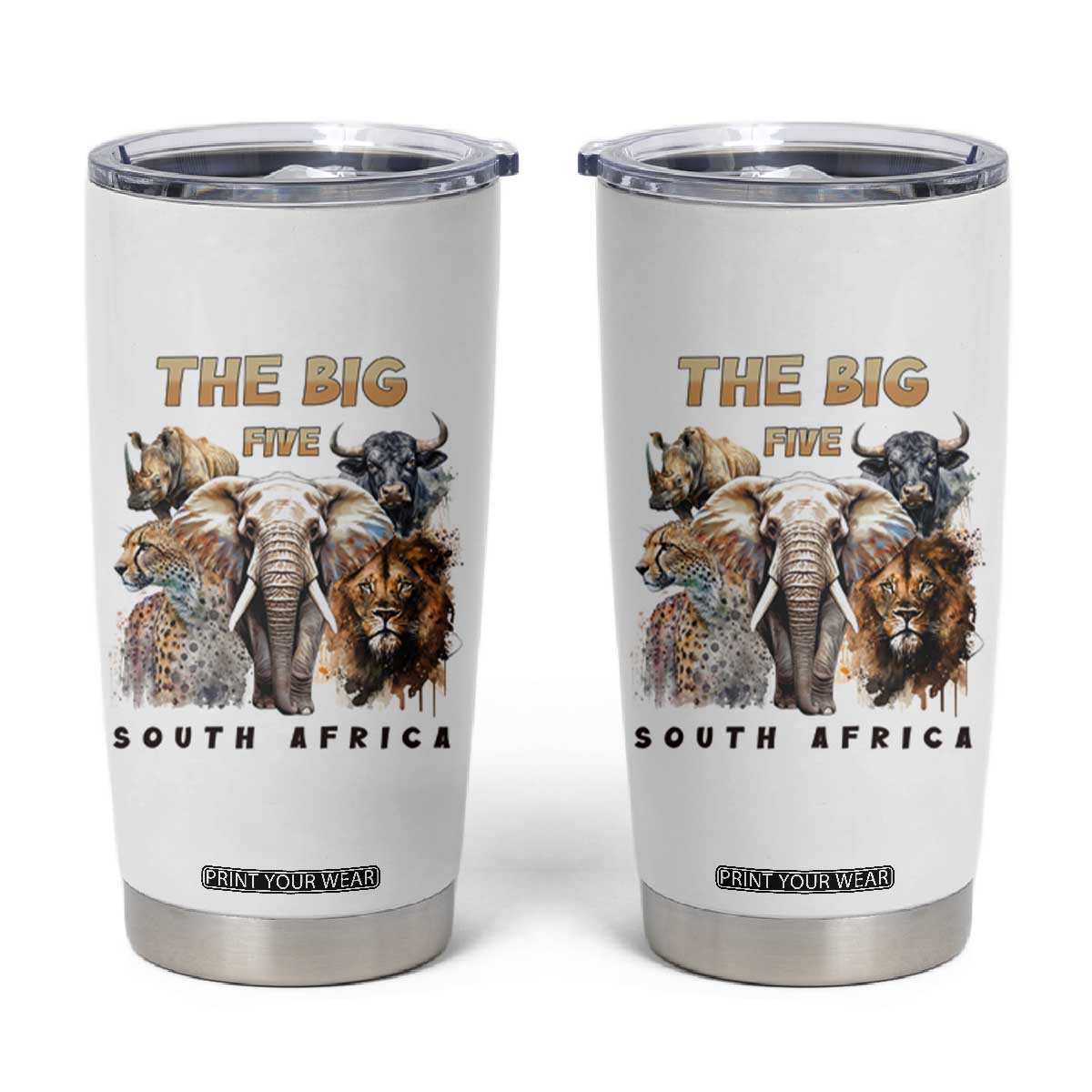 The Big Five South Africa Tumbler Cup Elephant Lion Rhino Buffalo Leopard Animals Safari Wildlife TS02 White Print Your Wear