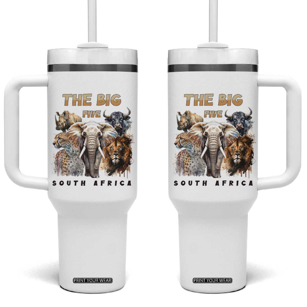 The Big Five South Africa Tumbler With Handle Elephant Lion Rhino Buffalo Leopard Animals Safari Wildlife TS02 One Size: 40 oz White Print Your Wear