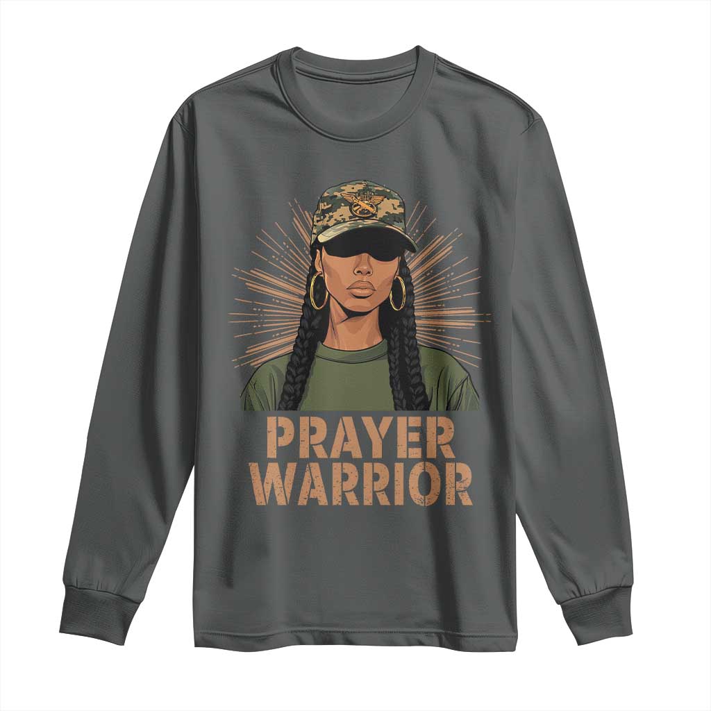 Black Prayer Warrior Long Sleeve Shirt Jesus God Christian Camo Girl TS02 Dark Heather Print Your Wear