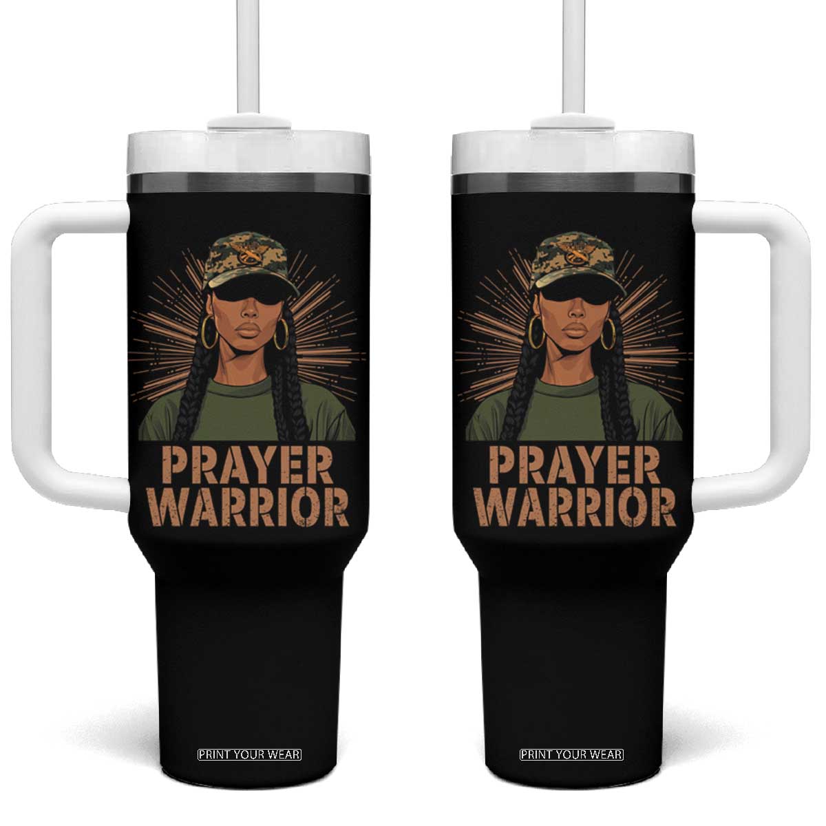 Black Prayer Warrior Tumbler With Handle Jesus God Christian Camo Girl TS02 One Size: 40 oz Black Print Your Wear