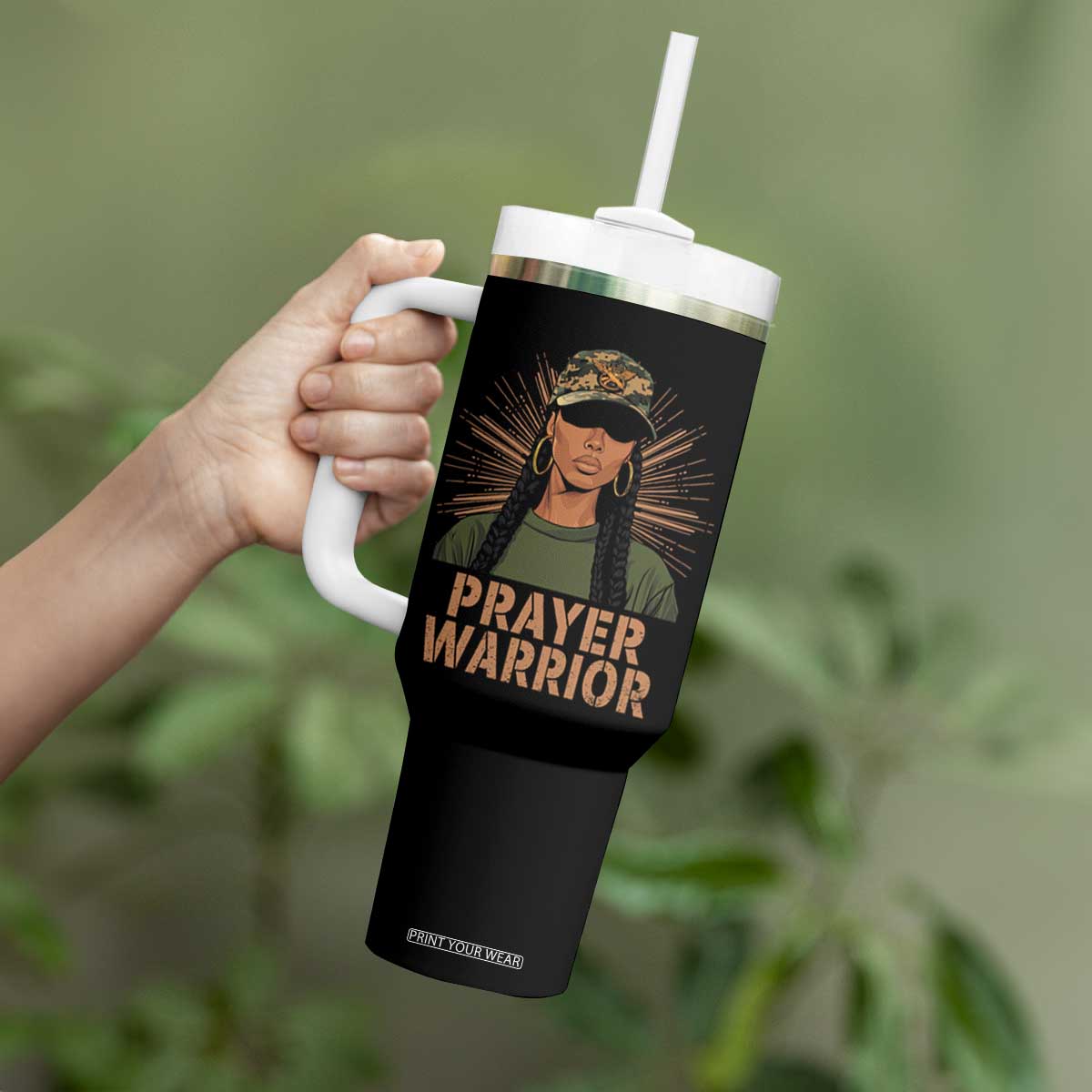 Black Prayer Warrior Tumbler With Handle Jesus God Christian Camo Girl TS02 Print Your Wear