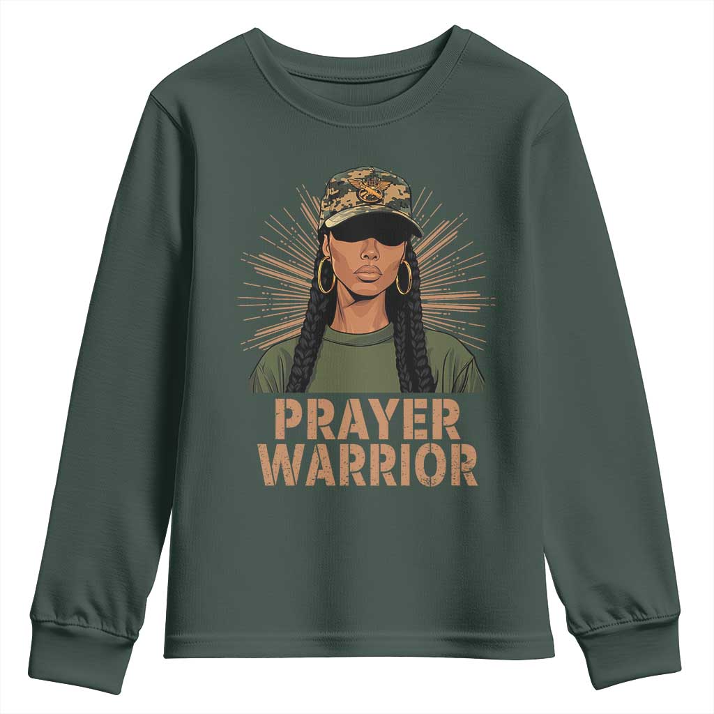 Black Prayer Warrior Youth Sweatshirt Jesus God Christian Camo Girl TS02 Dark Forest Green Print Your Wear