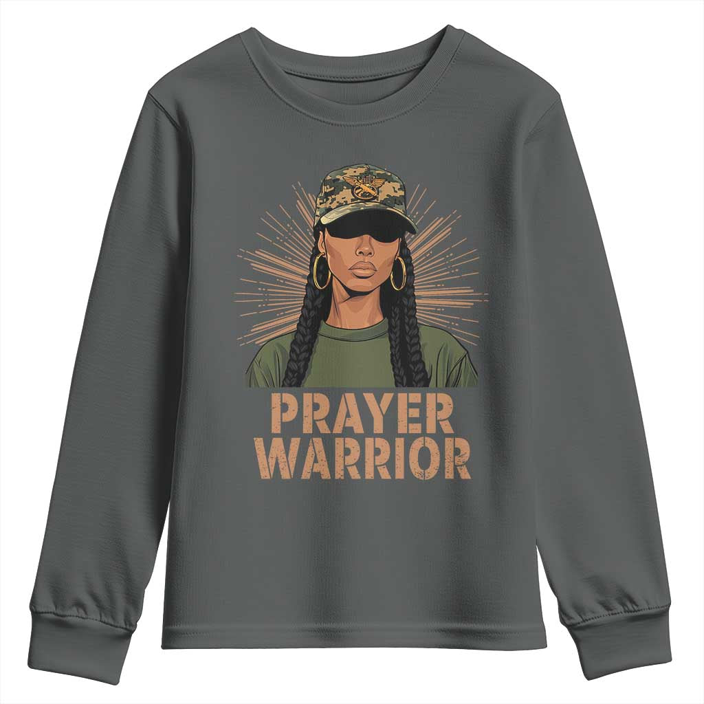 Black Prayer Warrior Youth Sweatshirt Jesus God Christian Camo Girl TS02 Dark Heather Print Your Wear