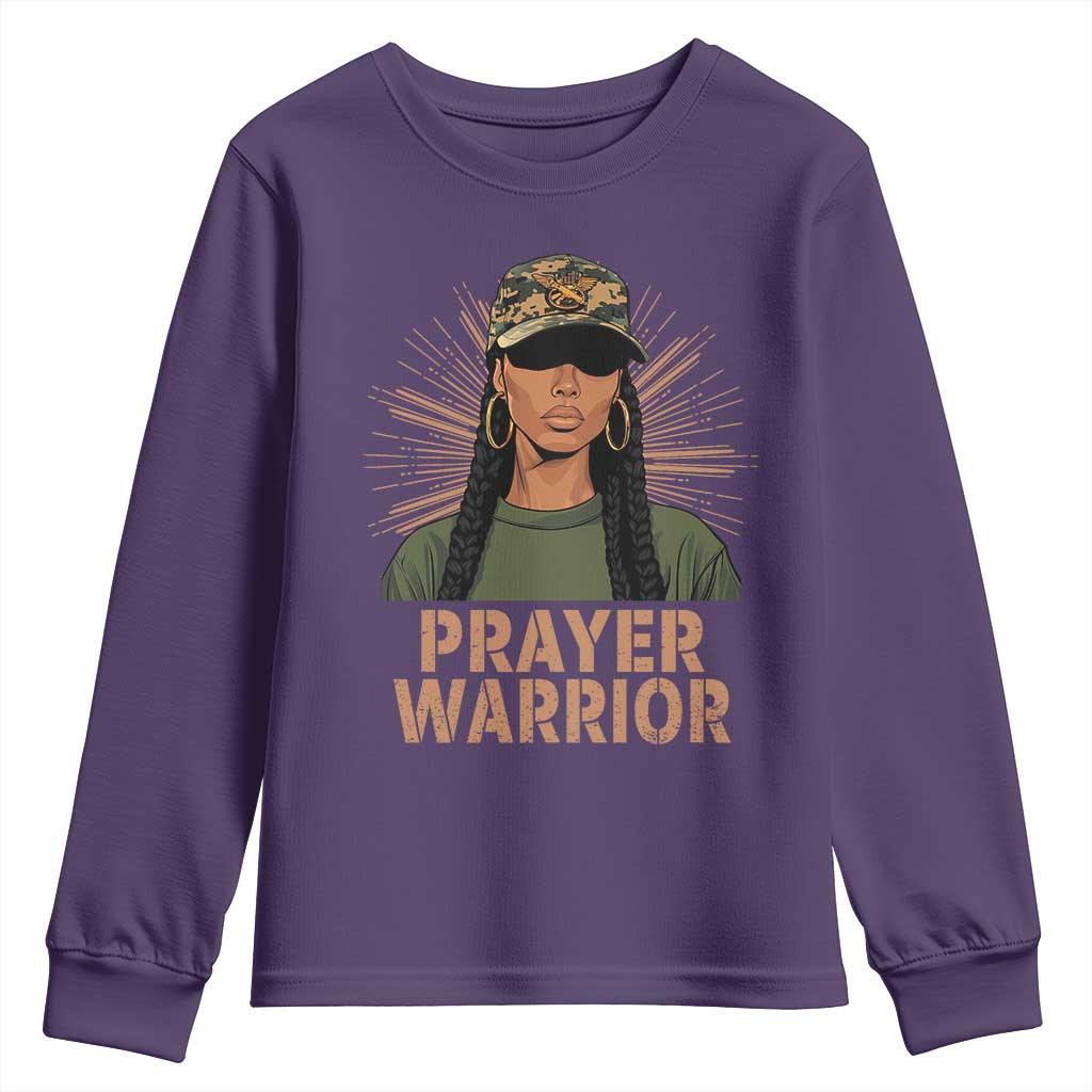 Black Prayer Warrior Youth Sweatshirt Jesus God Christian Camo Girl TS02 Purple Print Your Wear