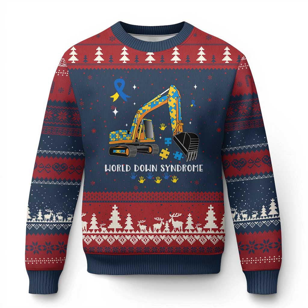 World Down Syndrome Awareness Day Bulldozer Ugly Christmas Sweater TS02 Navy Red Print Your Wear