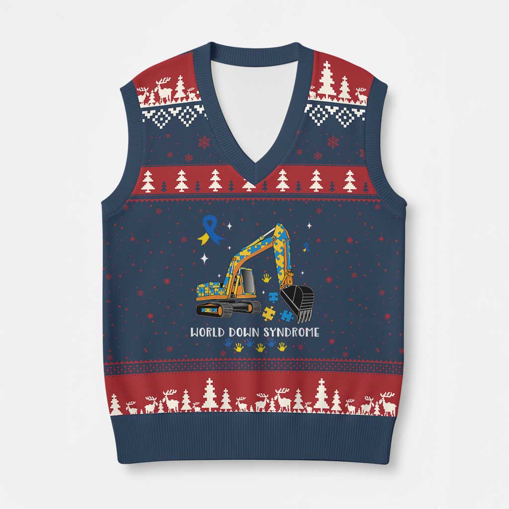 World Down Syndrome Awareness Day Bulldozer V-Neck Knit Sweater Vest TS02 Navy Red Print Your Wear