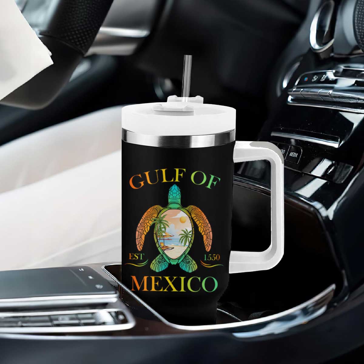 Gulf Of USA Est 2025 Tumbler With Handle Funny Turtle Beach Vibe TS02 Print Your Wear