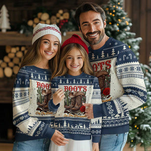 Boots On The Ground Ugly Christmas Sweater Cowgirl Line Dance Western Cowboy TS02 Beige Navy Print Your Wear