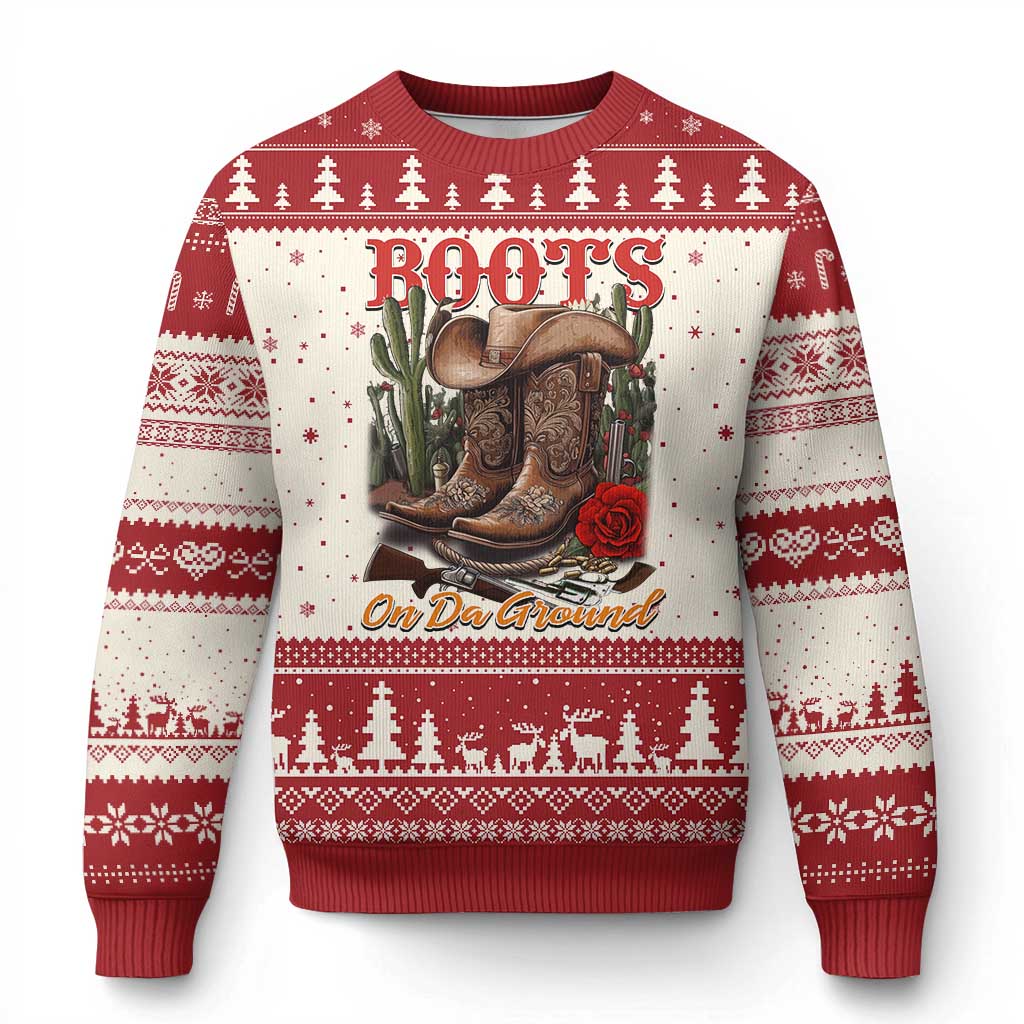 Boots On The Ground Ugly Christmas Sweater Cowgirl Line Dance Western Cowboy TS02 Beige Red Print Your Wear