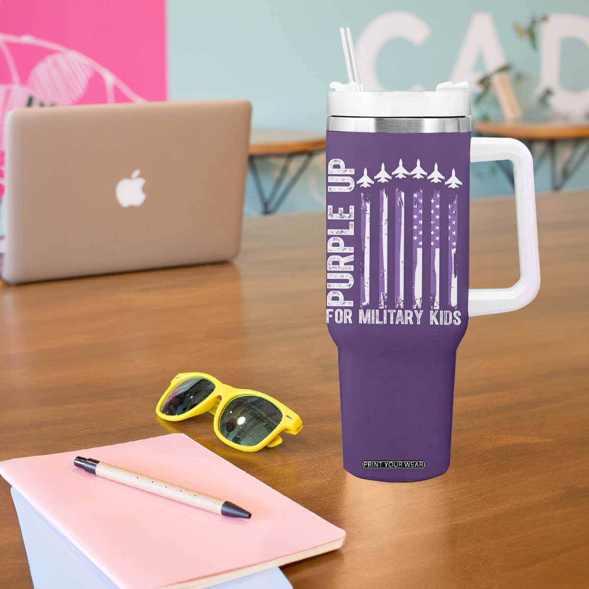 Purple Up For Military Kids Tumbler With Handle American Flag Air Force Military Child Month TS02 Print Your Wear