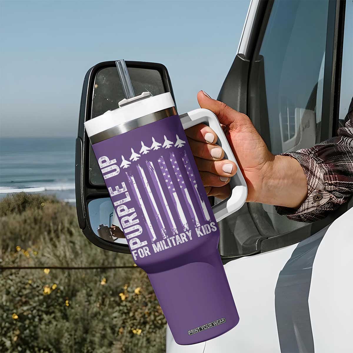 Purple Up For Military Kids Tumbler With Handle American Flag Air Force Military Child Month TS02 Print Your Wear
