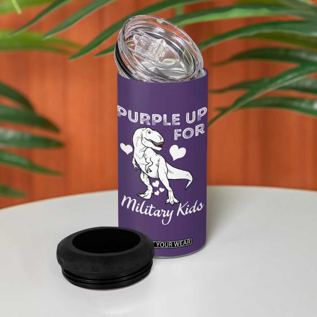 Purple Up For Military Kids 4 in 1 Can Cooler Tumbler Military Child Month Dinosaur TS02 Print Your Wear