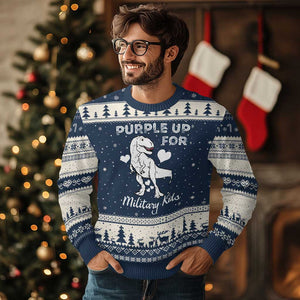 Purple Up For Military Kids Ugly Christmas Sweater Military Child Month Dinosaur TS02 Navy Beige Print Your Wear