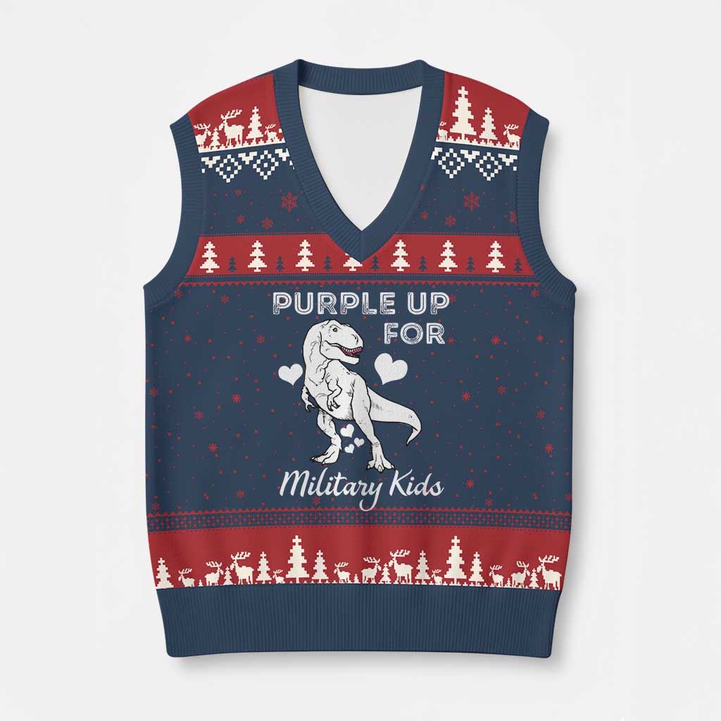 Purple Up For Military Kids V-Neck Knit Sweater Vest Military Child Month Dinosaur TS02 Navy Red Print Your Wear