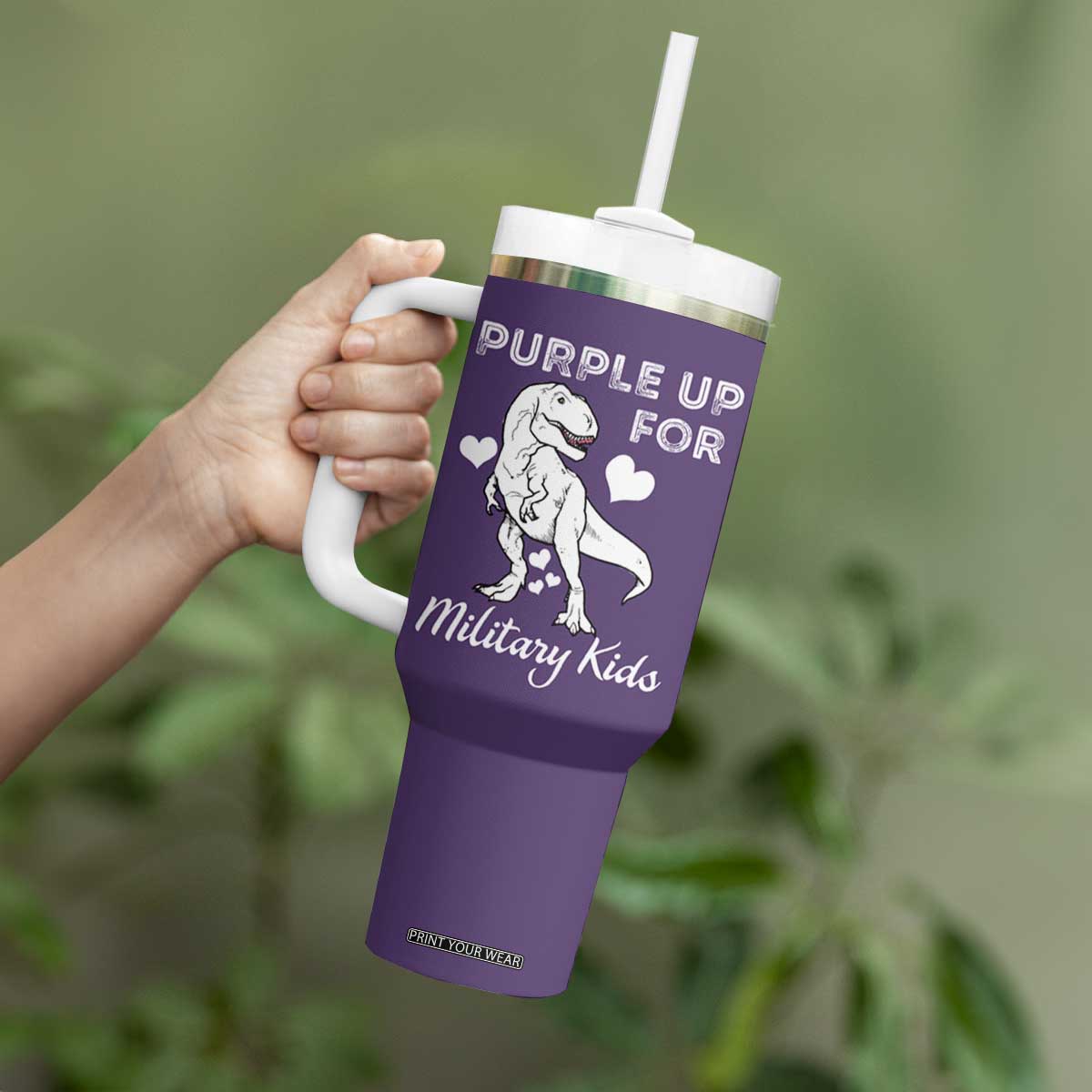 Purple Up For Military Kids Tumbler With Handle Military Child Month Dinosaur TS02 Print Your Wear