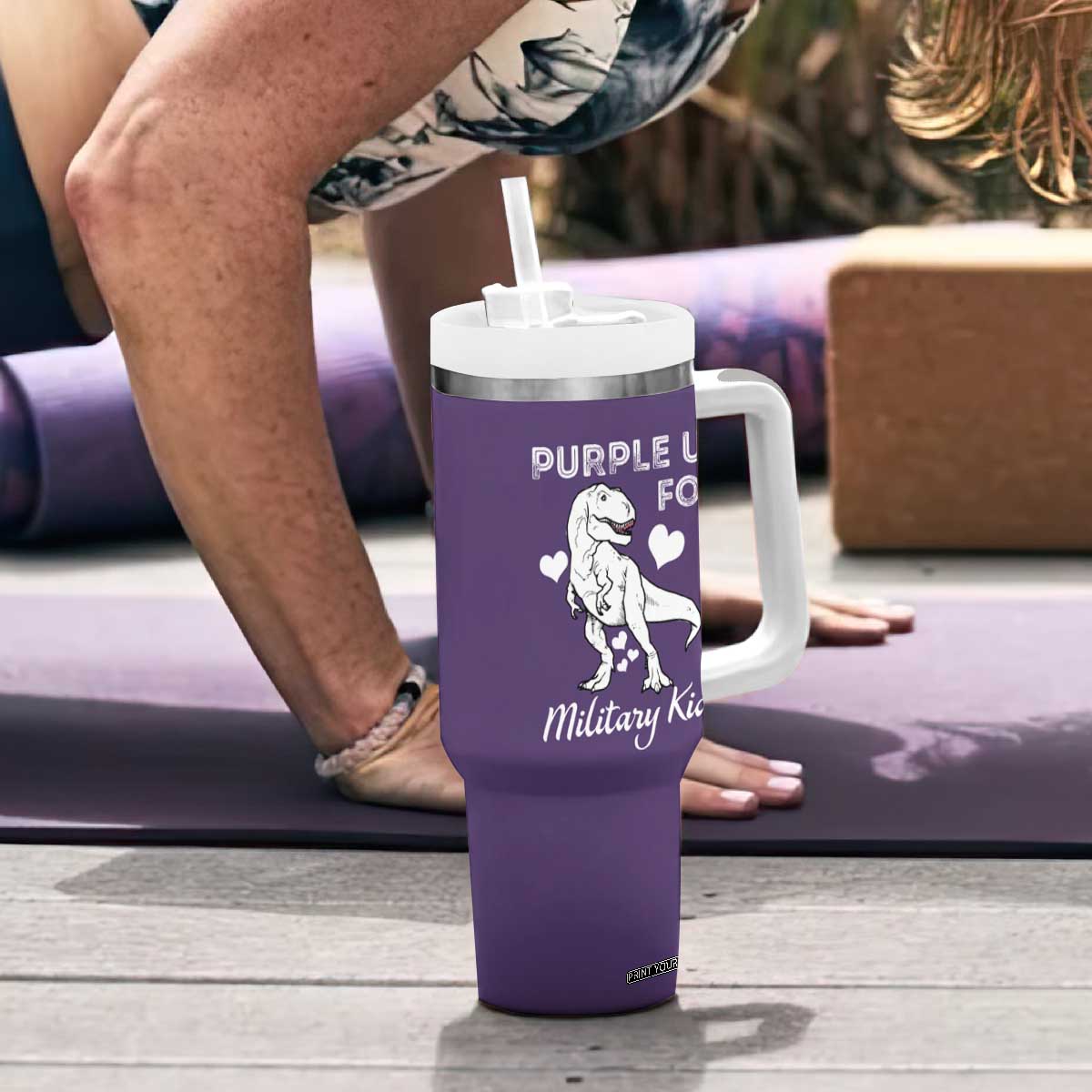 Purple Up For Military Kids Tumbler With Handle Military Child Month Dinosaur TS02 Print Your Wear