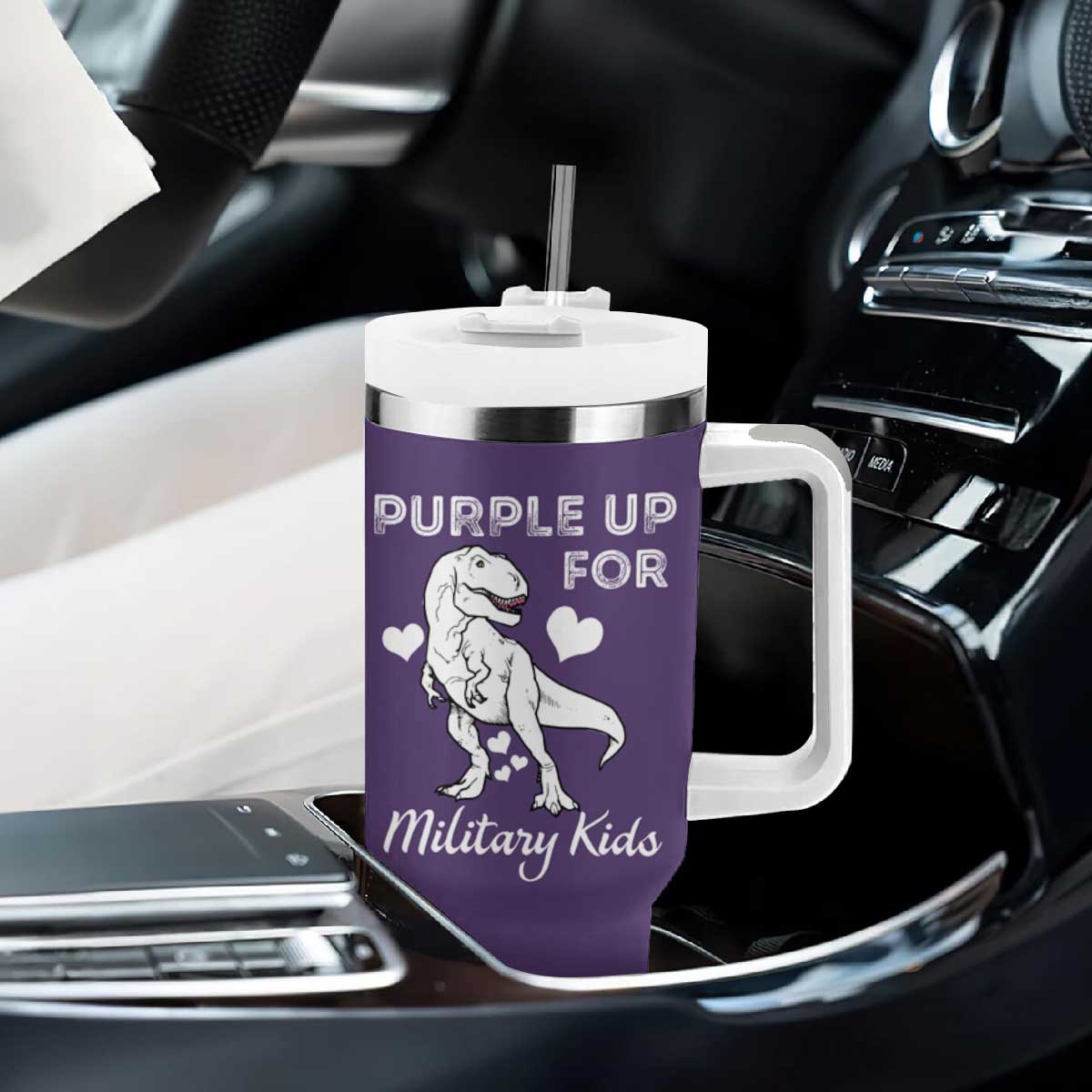 Purple Up For Military Kids Tumbler With Handle Military Child Month Dinosaur TS02 Print Your Wear