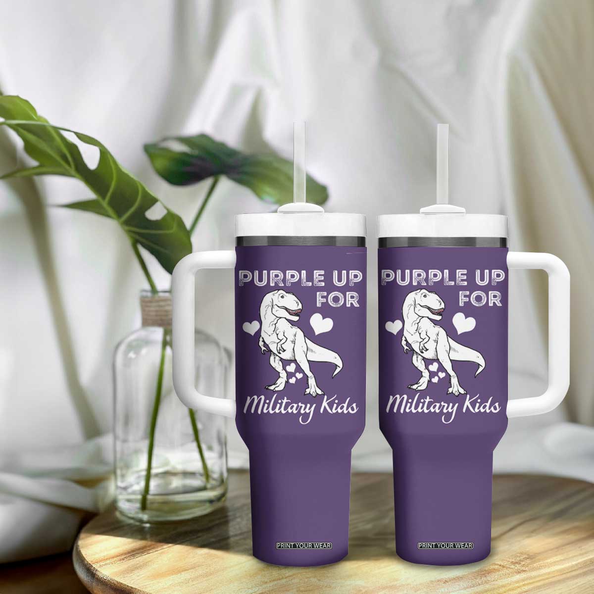 Purple Up For Military Kids Tumbler With Handle Military Child Month Dinosaur TS02 Print Your Wear