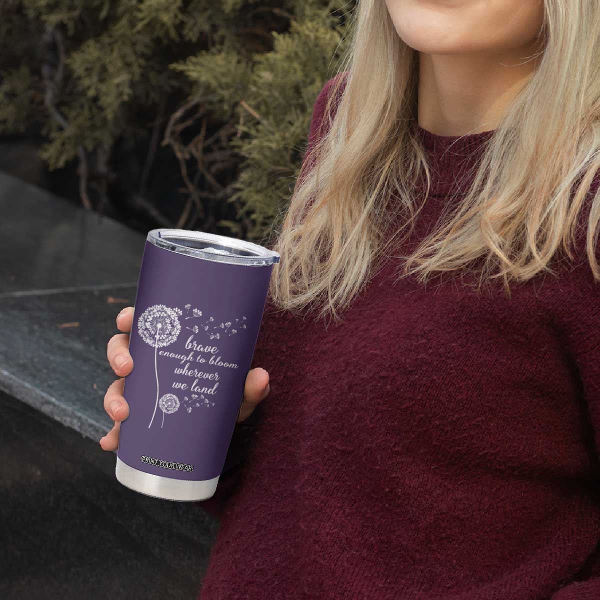 Purple Up For Military Kids Tumbler Cup Brave Enough To Bloom Wherever We Land Month of Military Child TS02 Print Your Wear