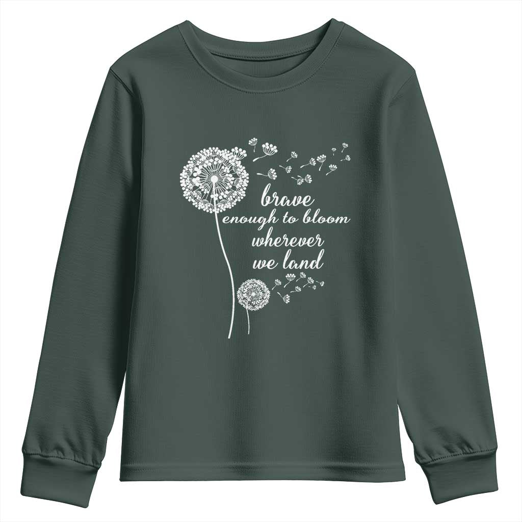 Purple Up For Military Kids Youth Sweatshirt Brave Enough To Bloom Wherever We Land Month of Military Child TS02 Dark Forest Green Print Your Wear