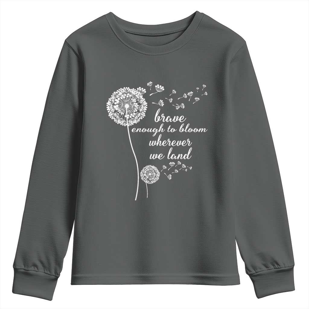 Purple Up For Military Kids Youth Sweatshirt Brave Enough To Bloom Wherever We Land Month of Military Child TS02 Dark Heather Print Your Wear