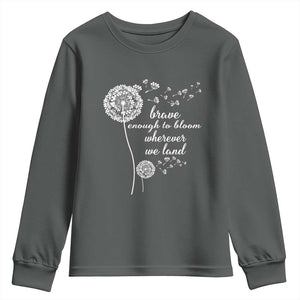 Purple Up For Military Kids Youth Sweatshirt Brave Enough To Bloom Wherever We Land Month of Military Child TS02 Dark Heather Print Your Wear