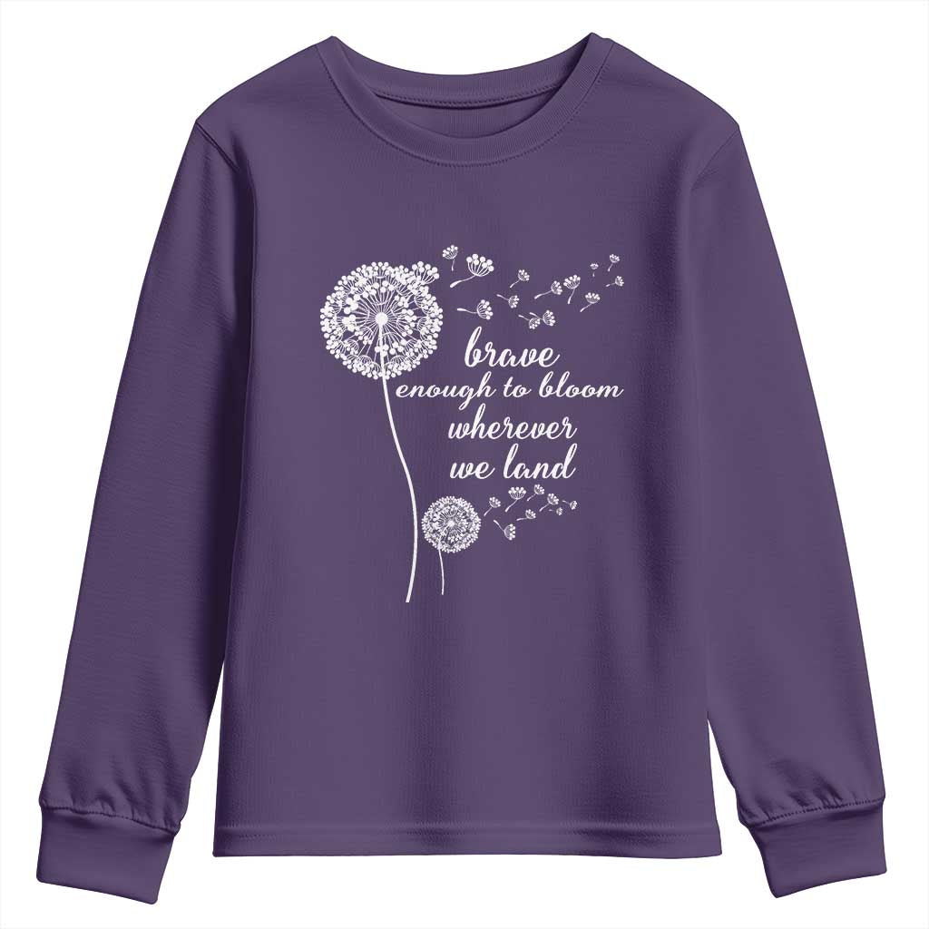 Purple Up For Military Kids Youth Sweatshirt Brave Enough To Bloom Wherever We Land Month of Military Child TS02 Purple Print Your Wear
