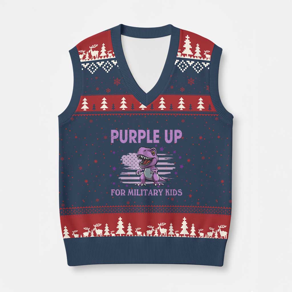 Purple Up For Military Kids V-Neck Knit Sweater Vest Military Child Month Dinosaur American Flag TS02 Navy Red Print Your Wear