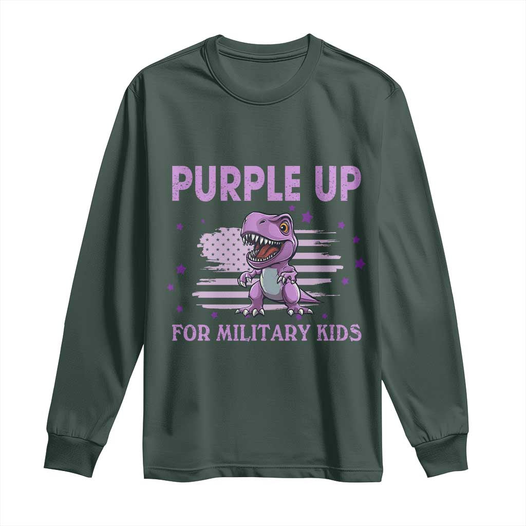 Purple Up For Military Kids Long Sleeve Shirt Military Child Month Dinosaur American Flag TS02 Dark Forest Green Print Your Wear