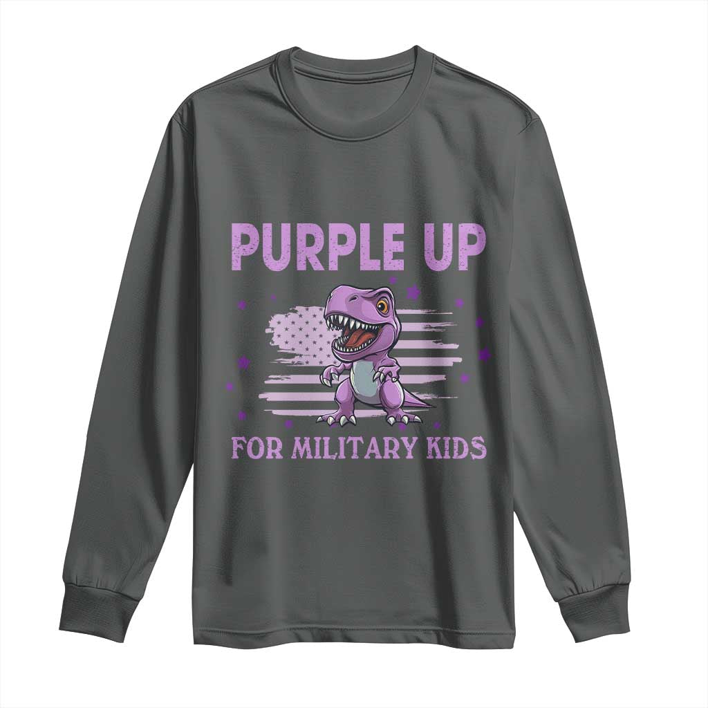 Purple Up For Military Kids Long Sleeve Shirt Military Child Month Dinosaur American Flag TS02 Dark Heather Print Your Wear