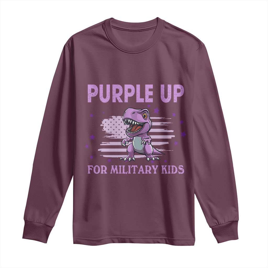 Purple Up For Military Kids Long Sleeve Shirt Military Child Month Dinosaur American Flag TS02 Maroon Print Your Wear