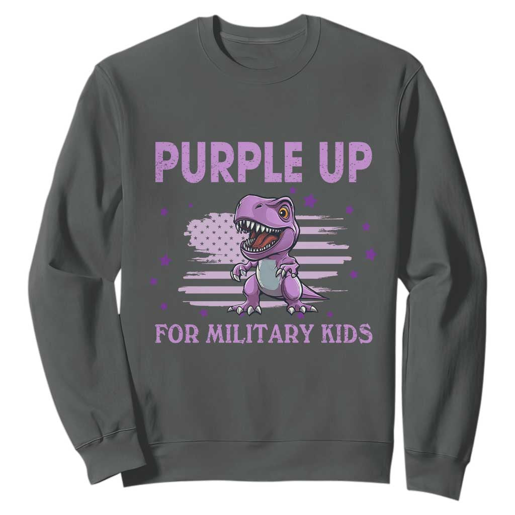 Purple Up For Military Kids Sweatshirt Military Child Month Dinosaur American Flag TS02 Dark Heather Print Your Wear