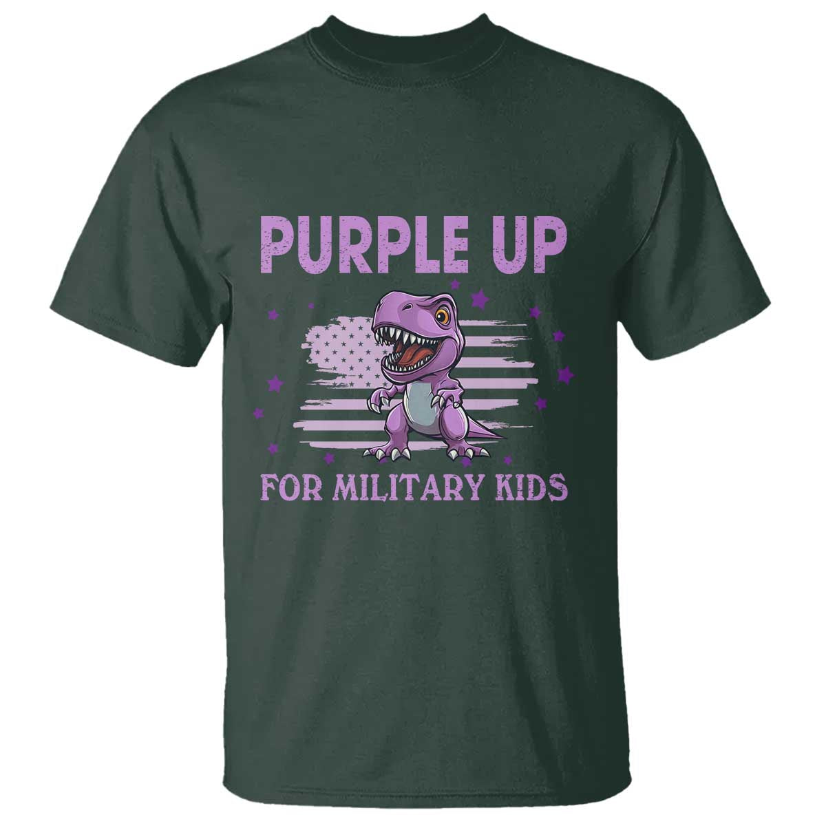 Purple Up For Military Kids T Shirt Military Child Month Dinosaur American Flag TS02 Dark Forest Green Print Your Wear
