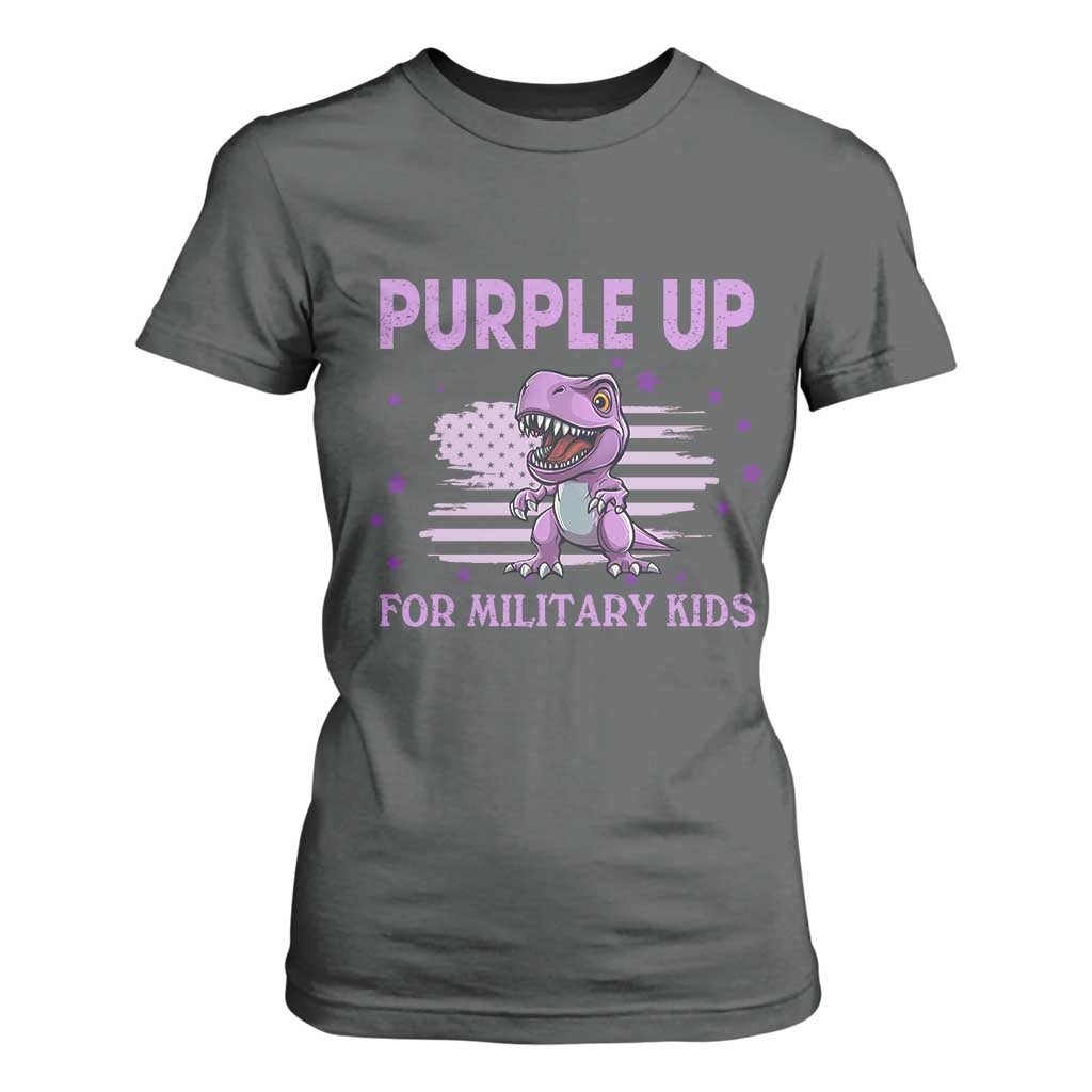 Purple Up For Military Kids T Shirt For Women Military Child Month Dinosaur American Flag TS02 Dark Heather Print Your Wear