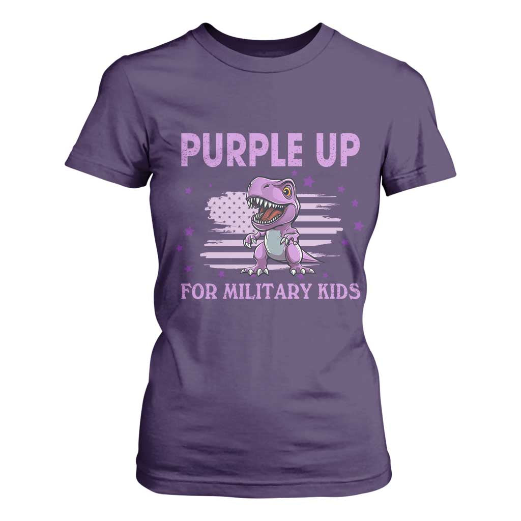 Purple Up For Military Kids T Shirt For Women Military Child Month Dinosaur American Flag TS02 Purple Print Your Wear