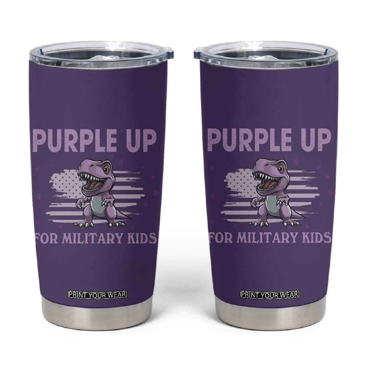 Purple Up For Military Kids Tumbler Cup Military Child Month Dinosaur American Flag TS02 Purple Print Your Wear
