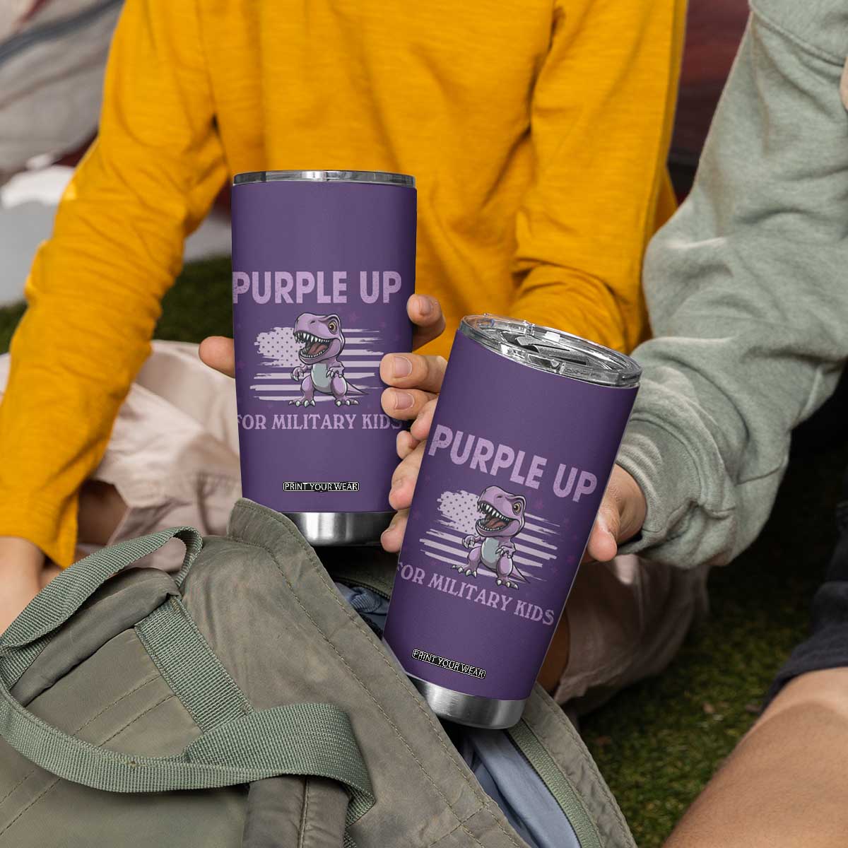 Purple Up For Military Kids Tumbler Cup Military Child Month Dinosaur American Flag TS02 Print Your Wear