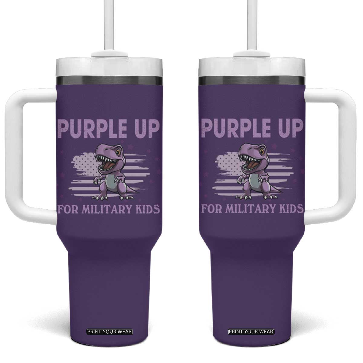 Purple Up For Military Kids Tumbler With Handle Military Child Month Dinosaur American Flag TS02 One Size: 40 oz Purple Print Your Wear