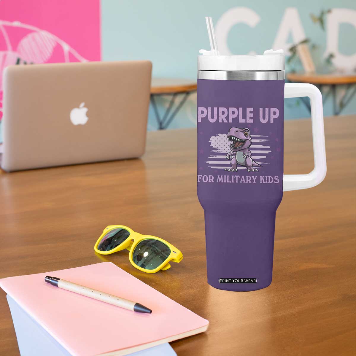Purple Up For Military Kids Tumbler With Handle Military Child Month Dinosaur American Flag TS02 Print Your Wear