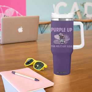 Purple Up For Military Kids Tumbler With Handle Military Child Month Dinosaur American Flag TS02 Print Your Wear