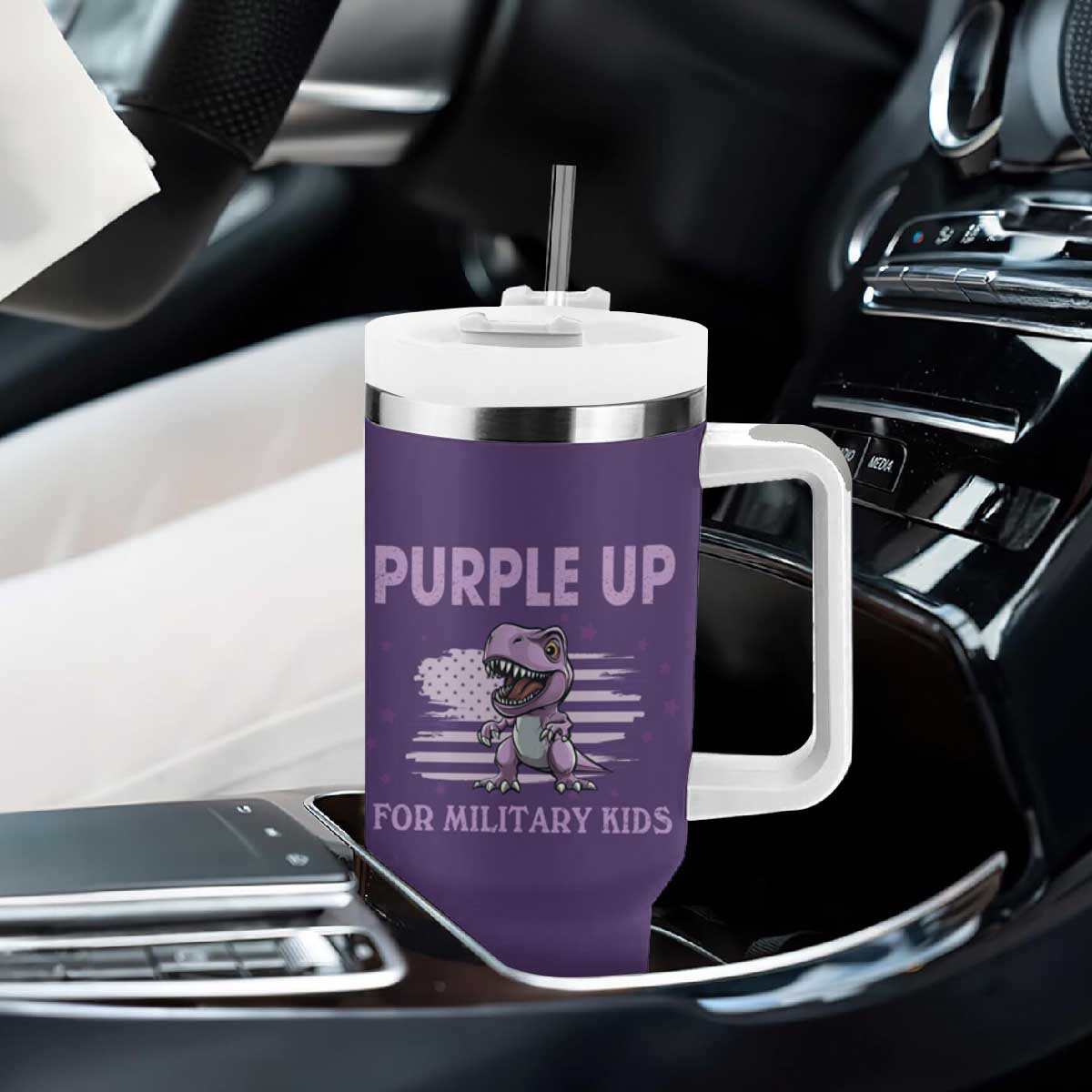 Purple Up For Military Kids Tumbler With Handle Military Child Month Dinosaur American Flag TS02 Print Your Wear