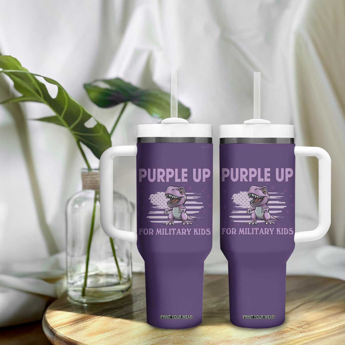 Purple Up For Military Kids Tumbler With Handle Military Child Month Dinosaur American Flag TS02 Print Your Wear