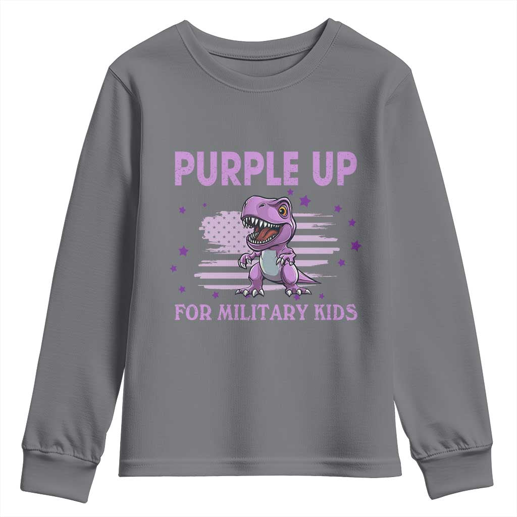Purple Up For Military Kids Youth Sweatshirt Military Child Month Dinosaur American Flag TS02 Charcoal Print Your Wear