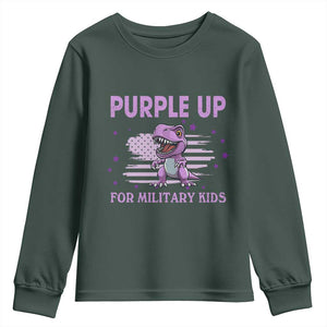 Purple Up For Military Kids Youth Sweatshirt Military Child Month Dinosaur American Flag TS02 Dark Forest Green Print Your Wear