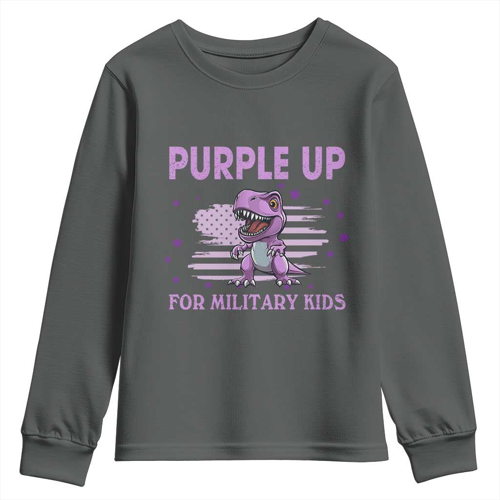 Purple Up For Military Kids Youth Sweatshirt Military Child Month Dinosaur American Flag TS02 Dark Heather Print Your Wear