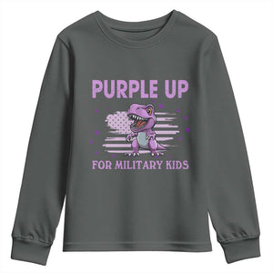 Purple Up For Military Kids Youth Sweatshirt Military Child Month Dinosaur American Flag TS02 Dark Heather Print Your Wear