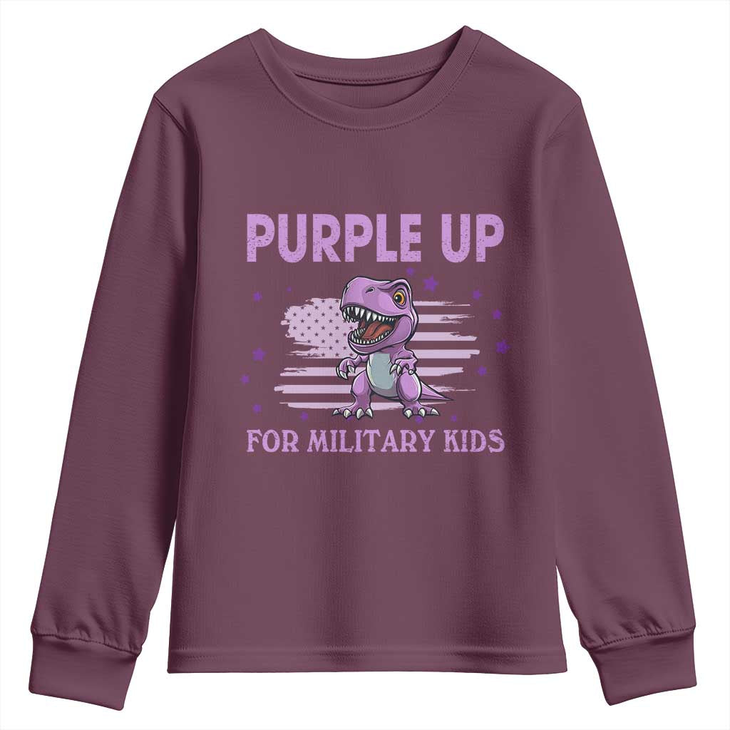 Purple Up For Military Kids Youth Sweatshirt Military Child Month Dinosaur American Flag TS02 Maroon Print Your Wear