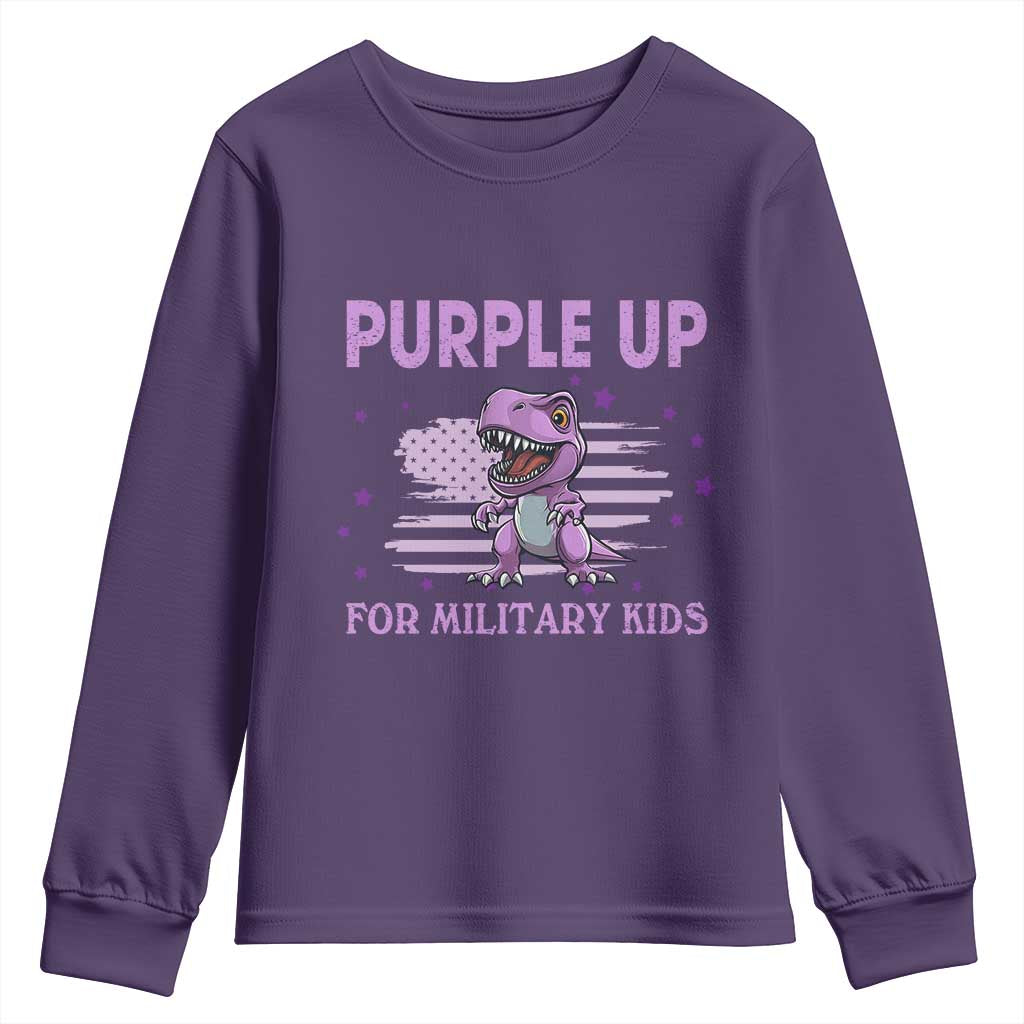 Purple Up For Military Kids Youth Sweatshirt Military Child Month Dinosaur American Flag TS02 Purple Print Your Wear
